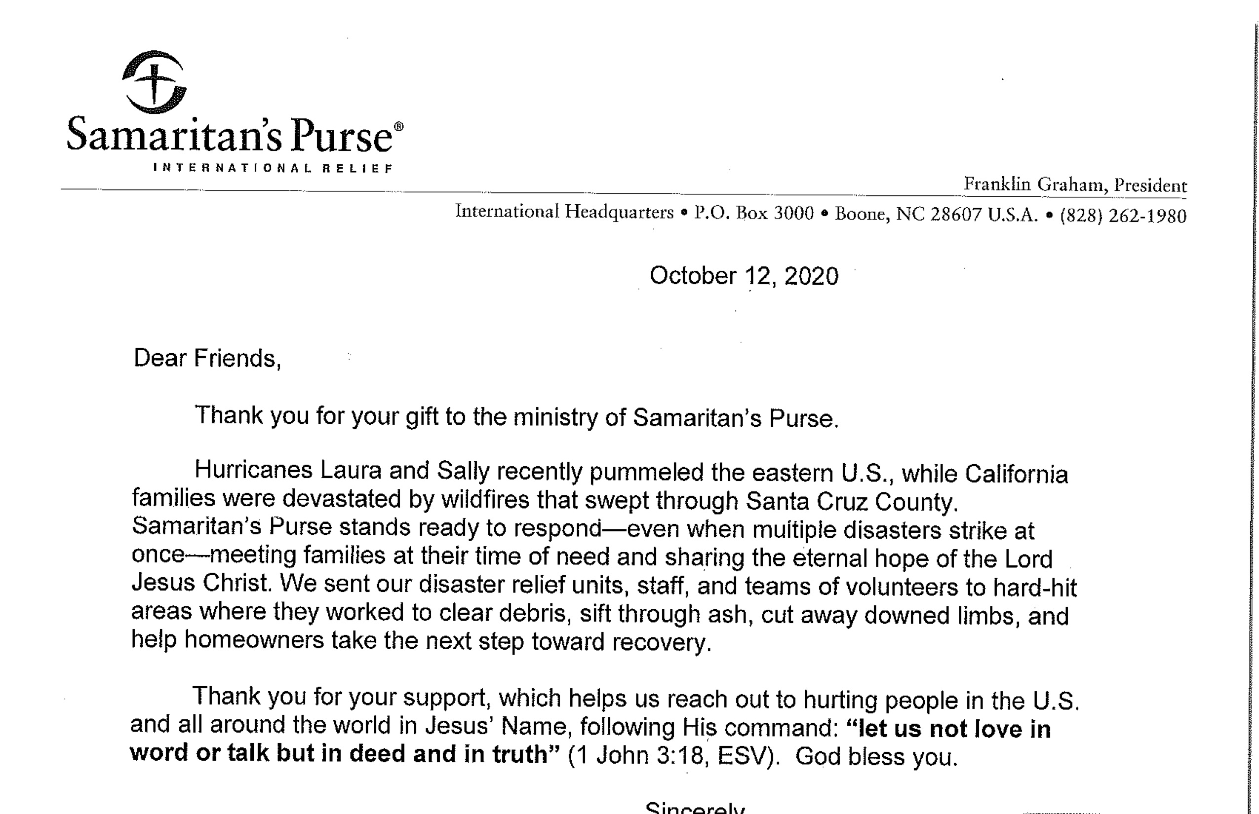 Samaritans Purse Letter